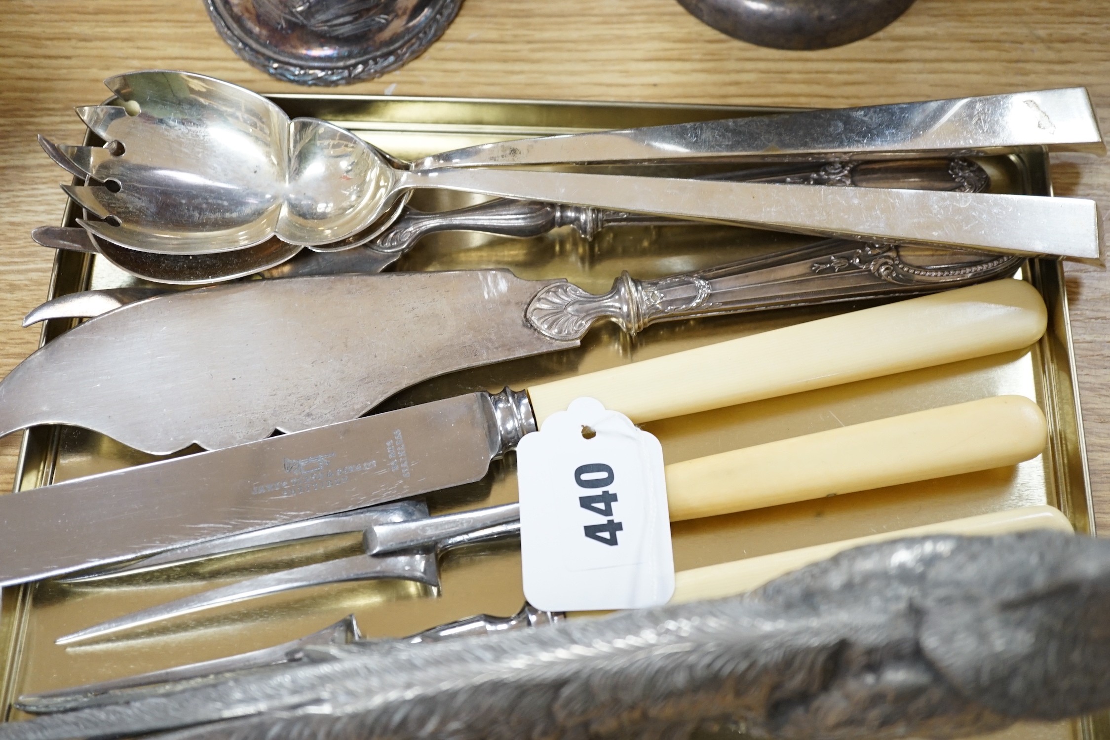 Plated wares to include a spoonwarmer and tea urn flatware etc.